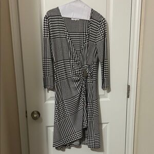 Calvin Klein Black and White Houndstooth Faux-Wrap Long Sleeve Dress